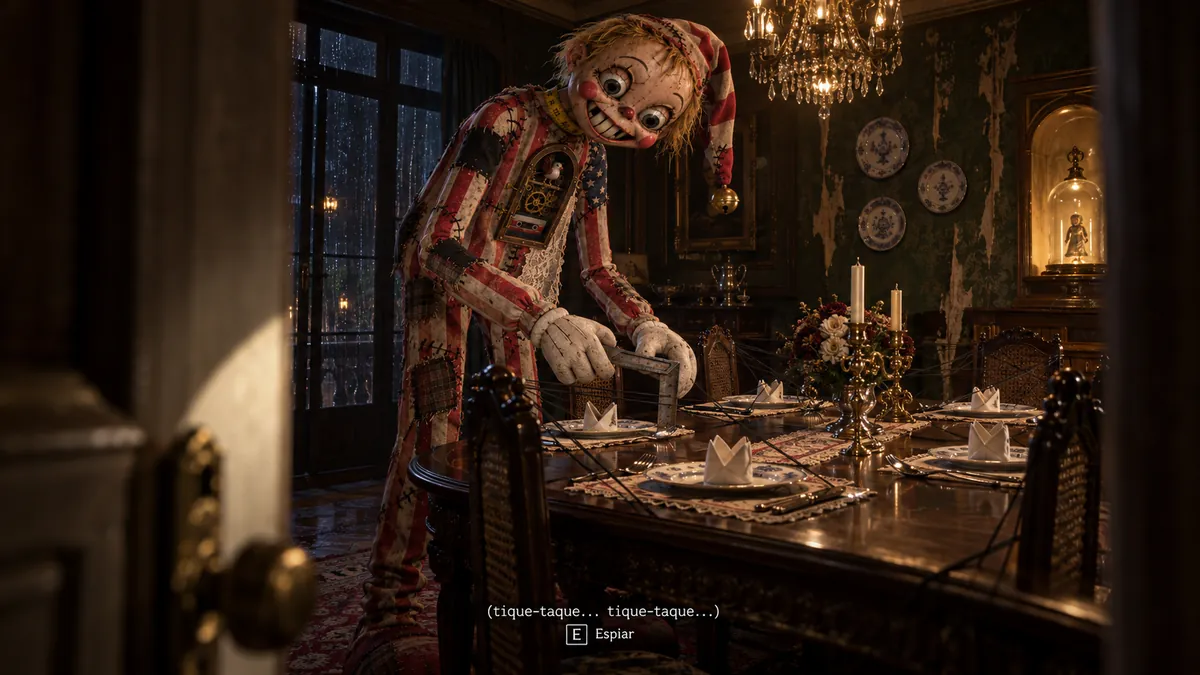 Timmy pondo uma mesa para seis à luz de velas